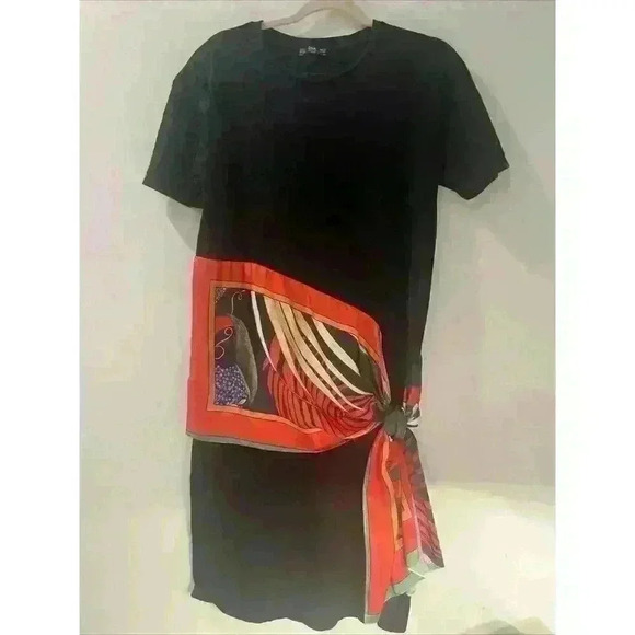 Zara Collection Black Cotton Dress Contrasting Colorful Scarf Midi Size Small - Picture 3 of 11